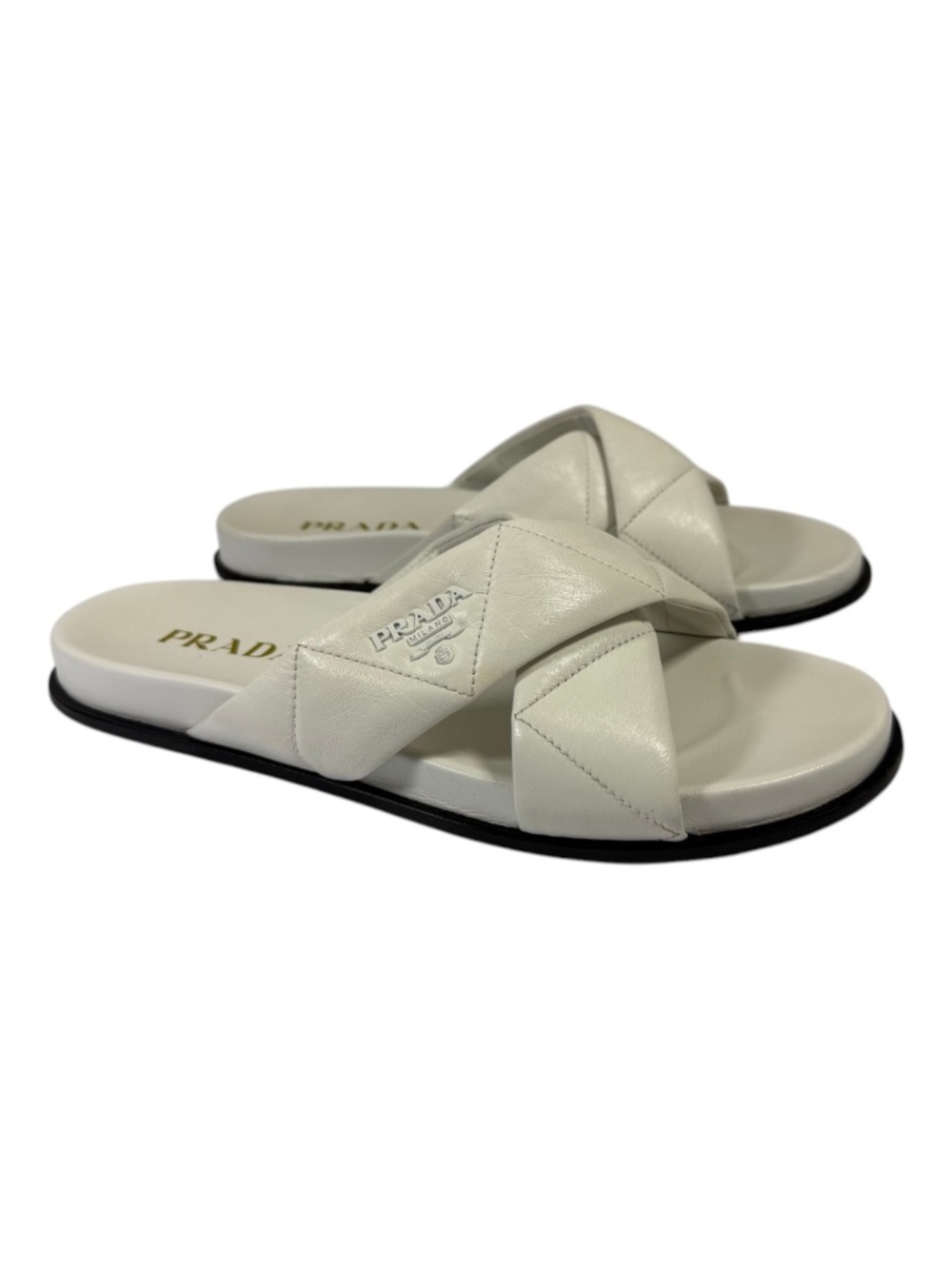 PRADA Quilted Nappa Leather Criss Cross Slide in White Size 39.5